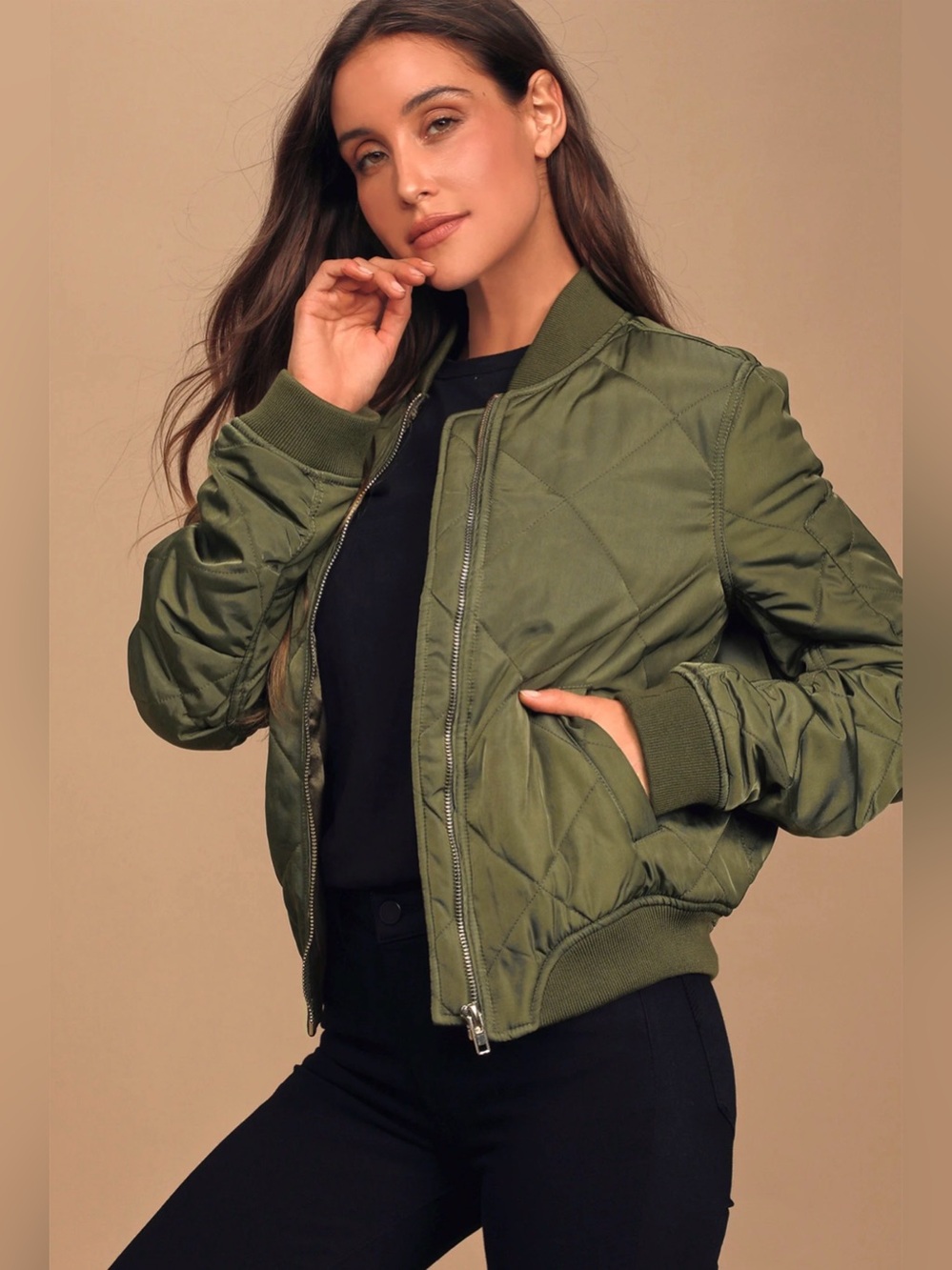 NWOT - Lulus Olive Green Quilted Bomber Jacket - Women's Medium